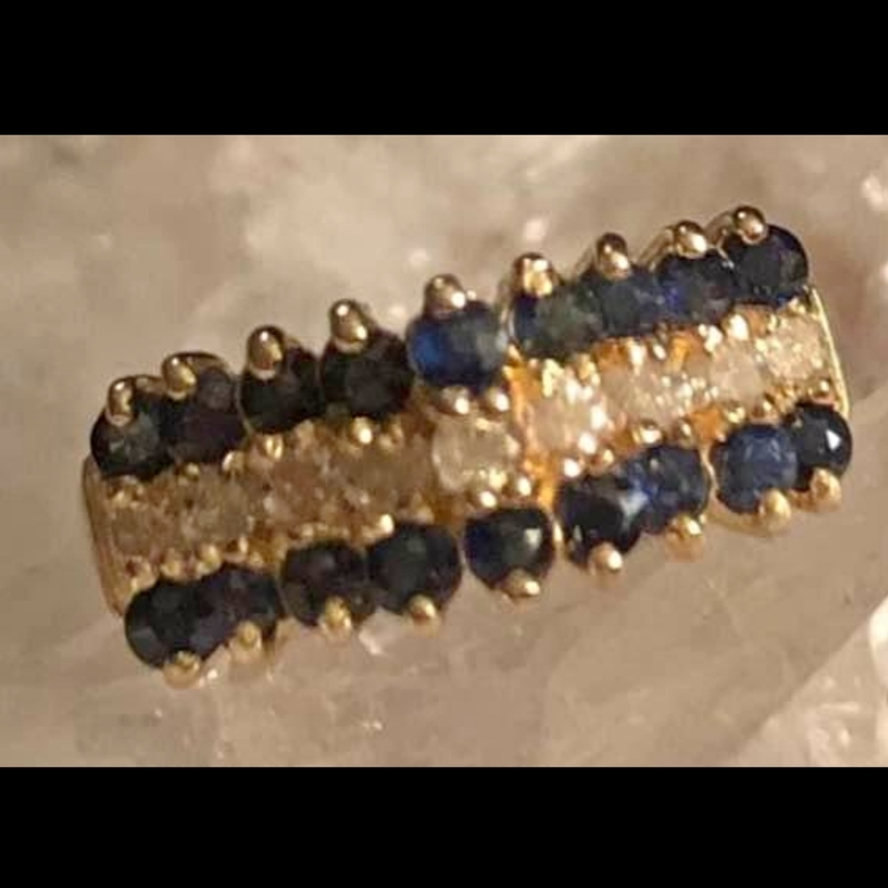 14 K Diamond and sapphire Ring , vintage victorian high crown setting 2.…